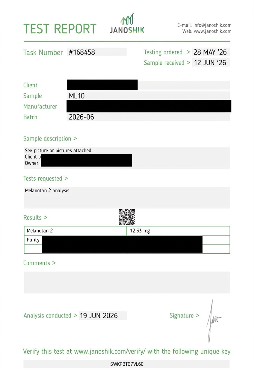 Certifikat / analysrapport för Melanotan 2 Kit