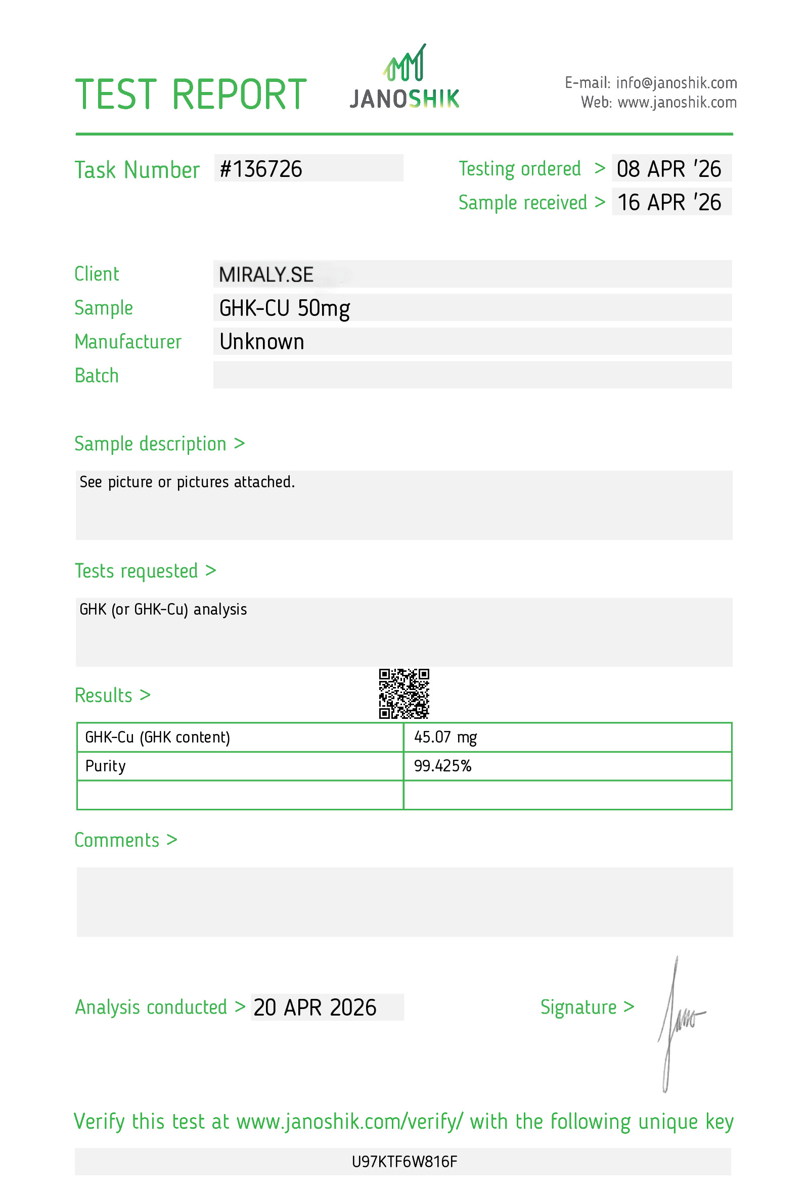 Certifikat / analysrapport för GHK-cu Vial 50mg